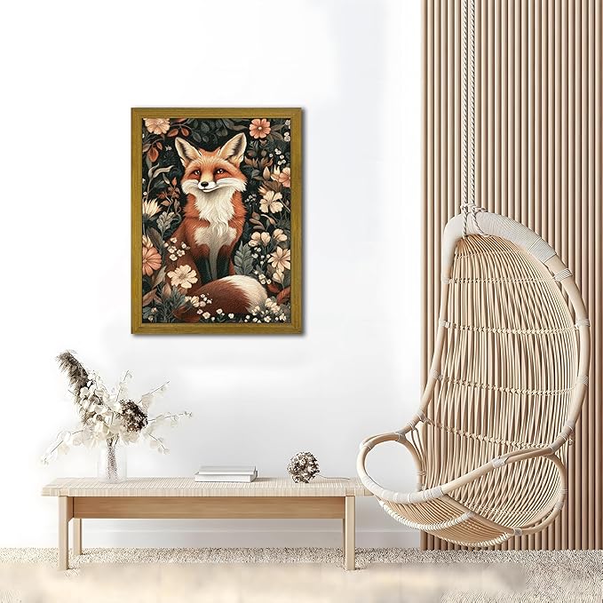 Framed 3D Textured Vintage Wall Art, Hand Drawn Sandstone Fox Wall Decor Paintings, Whimsical Forest Animal Floral Botanical Aesthetic Picture, Cottage Core Home Nursery Decor 12x16 inch