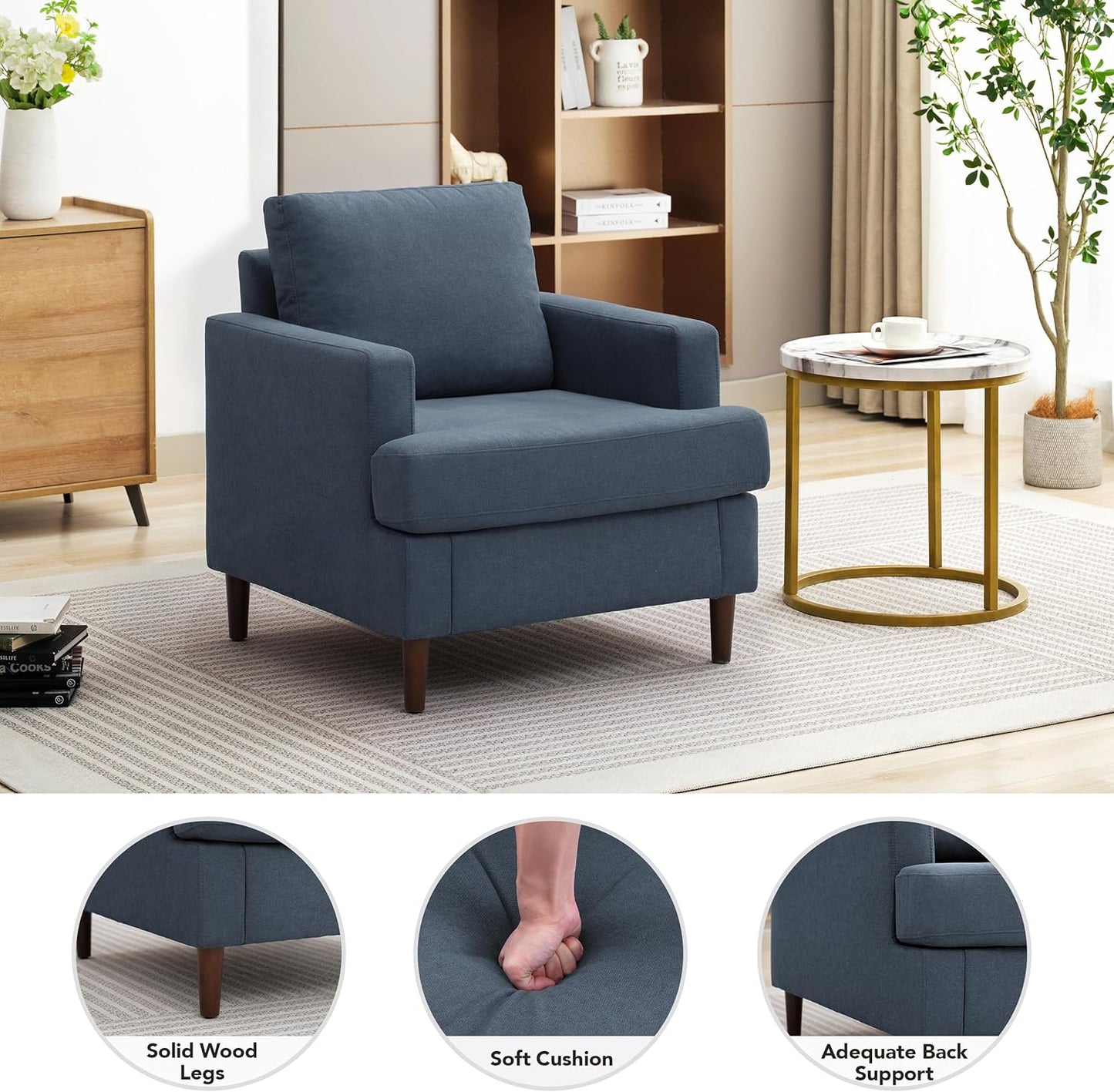 Mid-Century Accent Chair,Modern Linen Fabric Armchair for Living Room,Comfy Upholstered Reading Accent Chairs for Bedroom,Single Sofa Chair with Wood Legs (Blue Grey, 2 Pack)