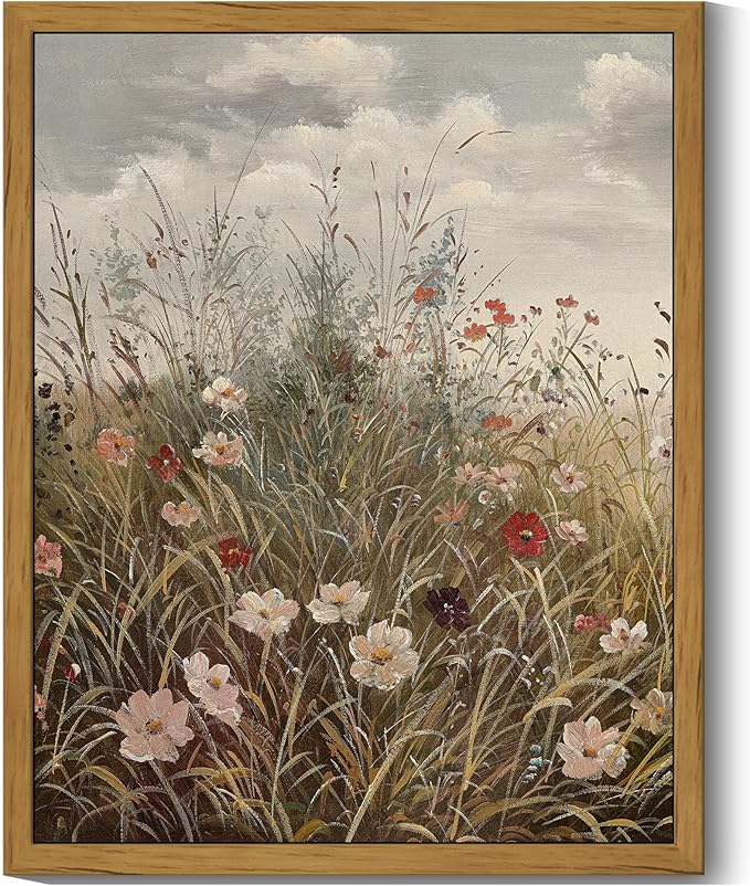 SHENIFY Vintage Landscape Framed Wall Art Wildflower Field Scenery Farmhouse Decor Retro Meadow with Flowers Painting for Kitchen Living Room Bedroom Bathroom - 8x10in Natural Framed