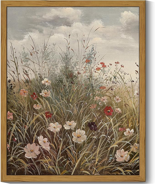 SHENIFY Vintage Landscape Framed Wall Art Wildflower Field Scenery Farmhouse Decor Retro Meadow with Flowers Painting for Kitchen Living Room Bedroom Bathroom - 8x10in Natural Framed