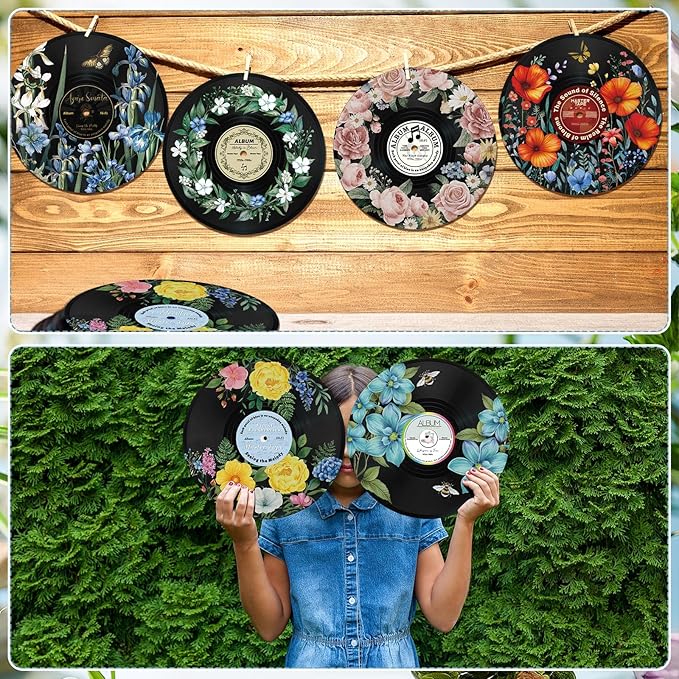 Chunful 6 Pake 12 Inch Vintage Records Wall Decor Aesthetic Retro Record Wall Decor for Dorm Bedroom Living Room Art Display Rock and Roll Music Hippie Party Records Decorations (Floral)