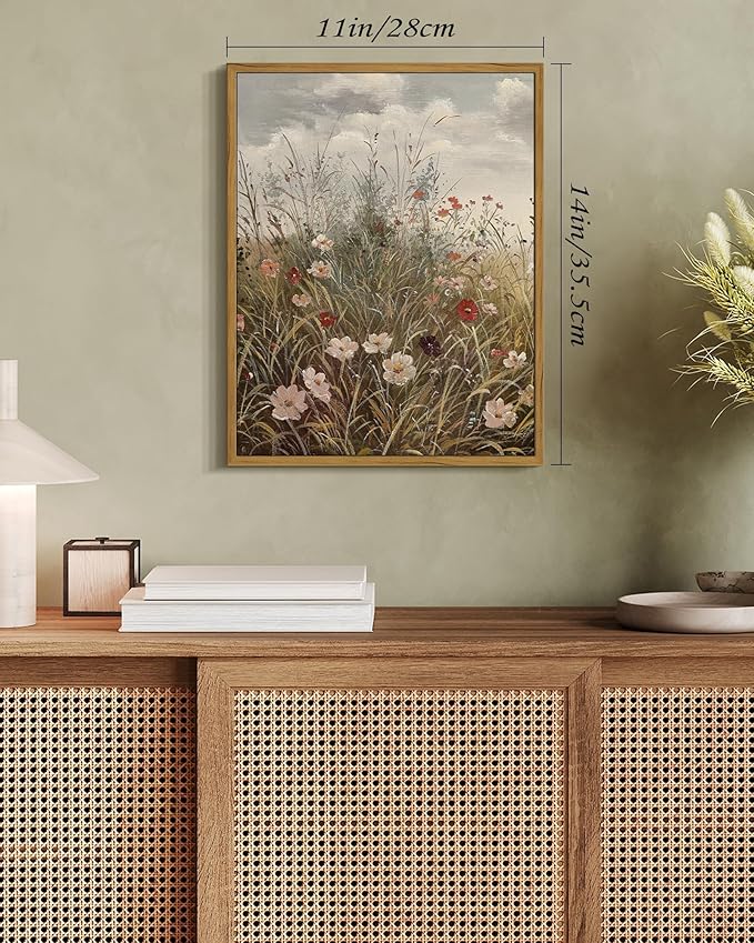 SHENIFY Vintage Landscape Framed Wall Art Wildflower Field Scenery Farmhouse Decor Retro Meadow with Flowers Painting for Kitchen Living Room Bedroom Bathroom - 11x14in Natural Framed