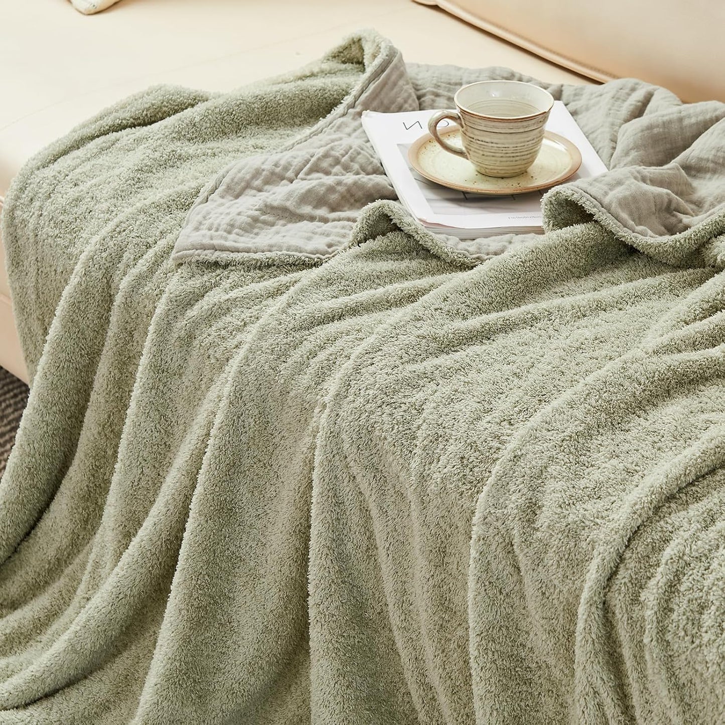 EMME Muslin and Fleece Throw Blanket Reversible - 50"*60" Sage Green Soft Warm Throw Blankets for Couch Bed Picnic Travel Bed