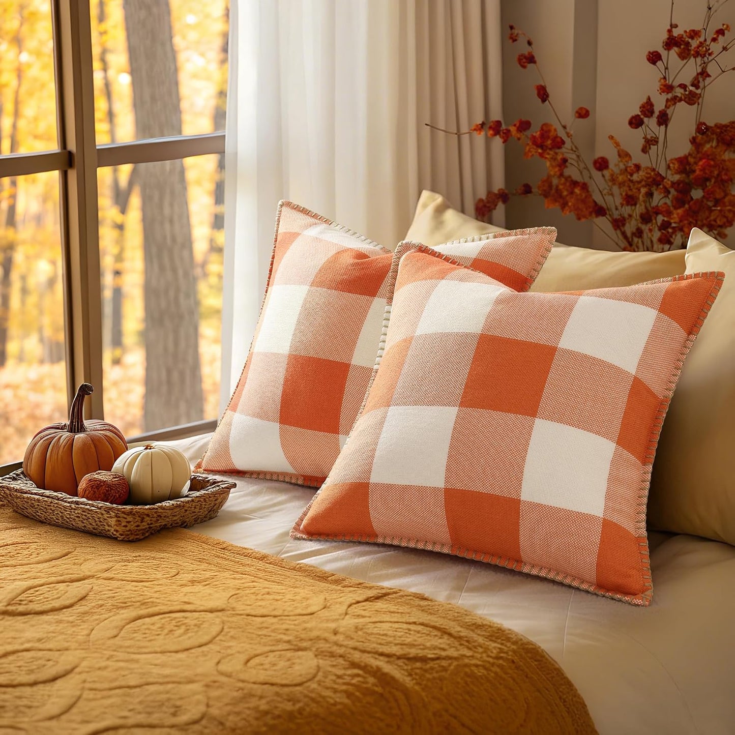 decorUhome Fall Orange and White Decorative Throw Pillow Covers 20x20 Set of 2, Buffalo Plaid Check Farmhouse Cushion Covers with Stitched Edge for Autumn Harvest Couch Sofa Bed Home Decor