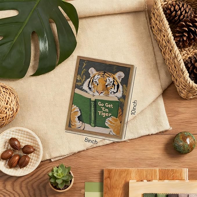 Framed Tiger Canvas Wall Art, Motivational Tigers Reading Poster Print, Humorous Bookworm Pictures Wall Decor, Vintage Go Get Em Tiger Painting for Office Library Bedroom Decor 8x10 inch