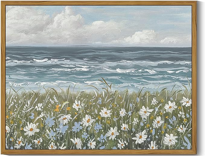 SHENIFY Vintage Landscape Framed Wall Art Sea Coastal Wildflower Field Scenery Farmhouse Decor Retro Painting for Living Room Bedroom Ready to Hang Wall Artwork - 11x14in Natural Framed