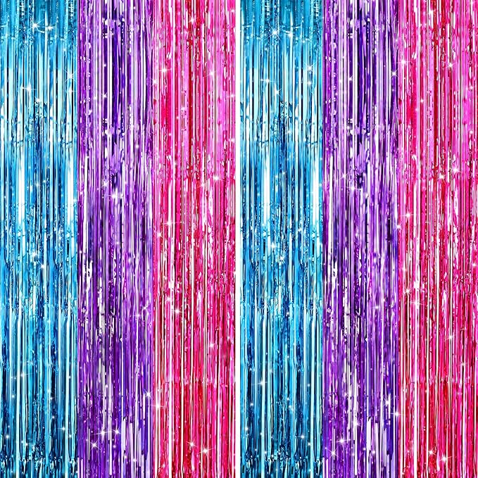 2Pack Blue Purple Pink Party Streamers, Blue Metallic Tinsel Streamers for Birthday Wedding Party Decors Graduation Baby Shower, Photo Booth Props for Bachelorette Decors Xmas Halloween Party Backdrop