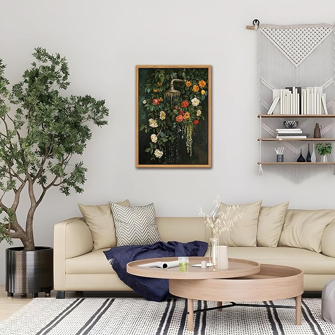 Floating Framed Floral Shower Wall Art, Vintage Botanical Flower Canvas Print, Romantic Garden Roses and Waterfall Painting, Nature Inspired Bathroom Wall Decor for Home Living Room 16x24 inch