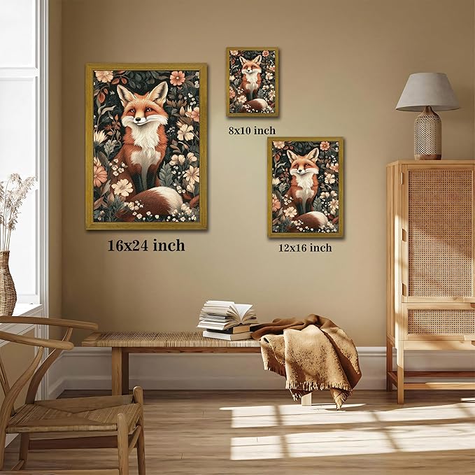 Framed 3D Textured Vintage Wall Art, Hand Drawn Sandstone Fox Wall Decor Paintings, Whimsical Forest Animal Floral Botanical Aesthetic Picture, Cottage Core Home Nursery Decor 12x16 inch