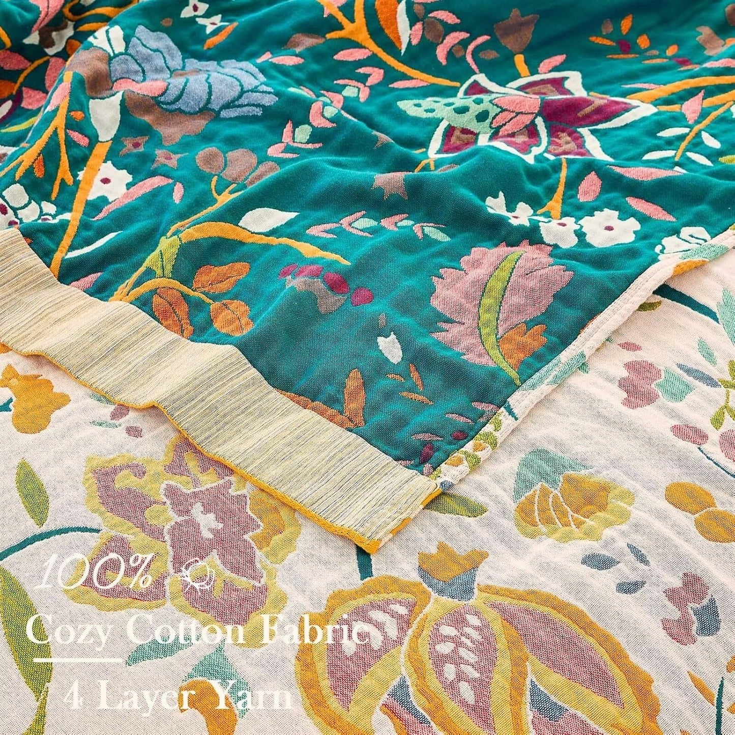 Boho Throw Blanket for Bed, 100% Cotton Soft Rustic Quilt Fall Blanket, 90"x98" Floral Printed Farmhouse Decor Bed Blankets, All Season Rustic Reversible Bohemian Throw Quilt