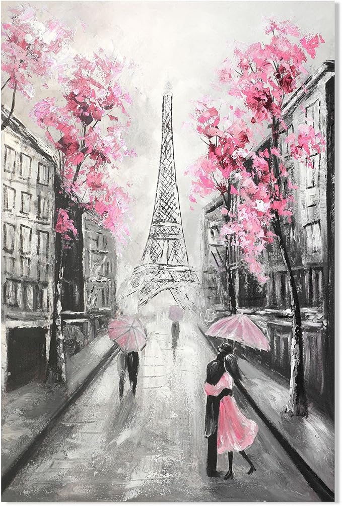 YPY Abstract Paris Canvas Wall Art: Black White Eiffel Tower Hand Painted Oil Painting, Pink and Grey Picture Print Room Decor for Teen Girls Bedroom Bathroom 16" x 24"