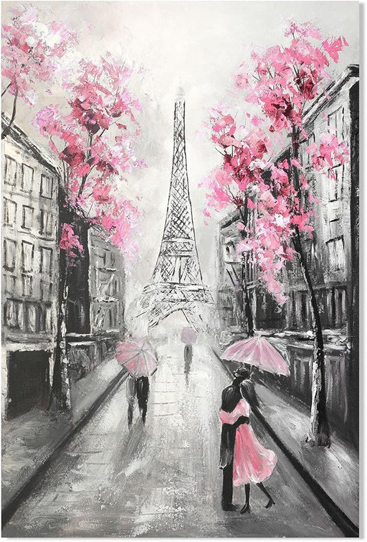 YPY Abstract Paris Canvas Wall Art: Black White Eiffel Tower Hand Painted Oil Painting, Pink and Grey Picture Print Room Decor for Teen Girls Bedroom Bathroom 16" x 24"