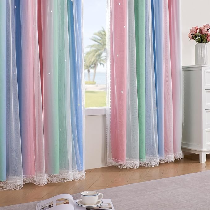 XiDi Pink & Rainbow Curtains for Kids & Girl Bedrooms - Blackout, Blue & Green 34x63 Inch Long with Unicorn Wall Decals