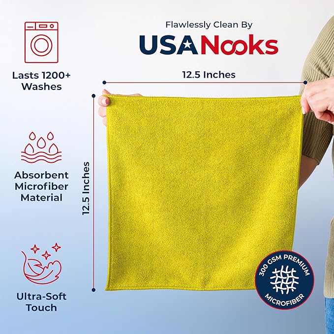 USANOOKS Premium 300GSM Microfiber Cleaning Cloth - 12.5"x12.5" High Performance - 1200 Washes, Ultra Absorbent Microfiber Towels for Cars Undercarriage, Rims & Engine Bay Cleaning - Microfiber Cloth
