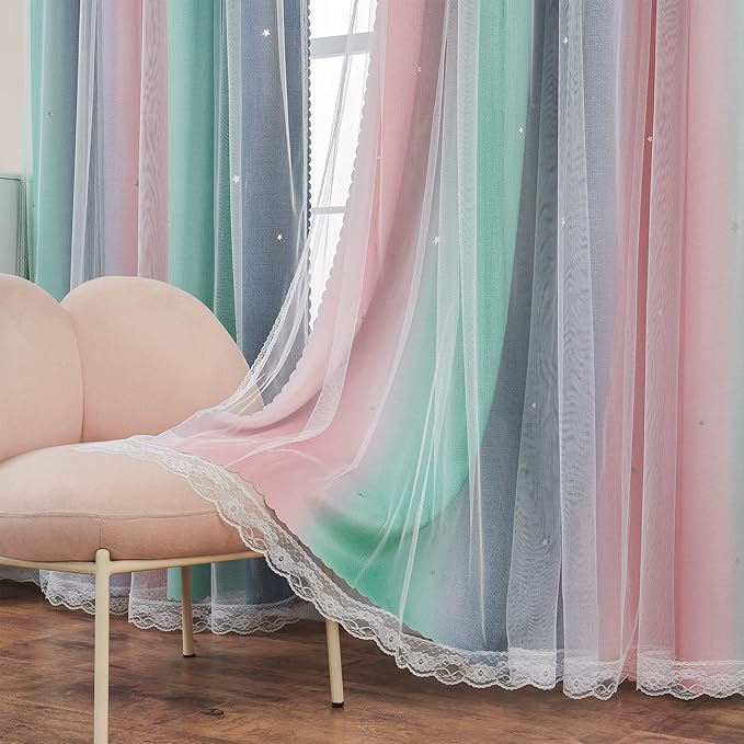 XiDi Curtains for Bedroom Decor, Rainbow Pinkgreen grey34/45