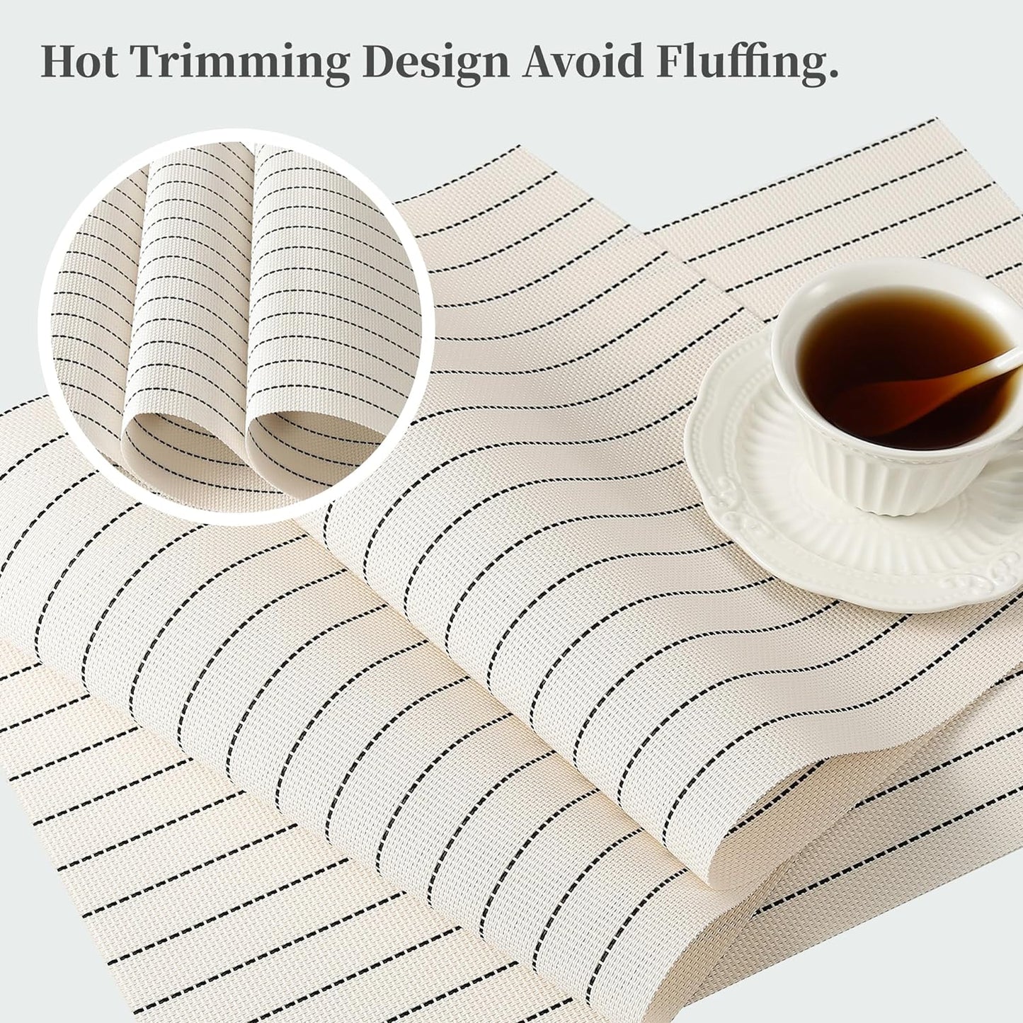 Leetaltree White with Black Stripes Placemats Set of 4 - Heat Resistant Non-Slip Place mats for Dining Table, Washable Durable PVC Vinyl Woven Table Mats（White Stripes, 4）