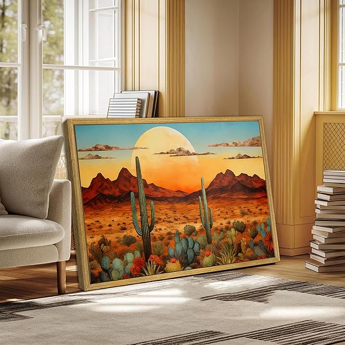 Framed Western Desert Sunset Cactus Wall Art, Vintage Southwest Nature Landscape Canvas Print, Rustic Wall Decor Picture, Boho Mexican Oil Painting for Living Room Bedroom Office bathroom 16x24 Inch