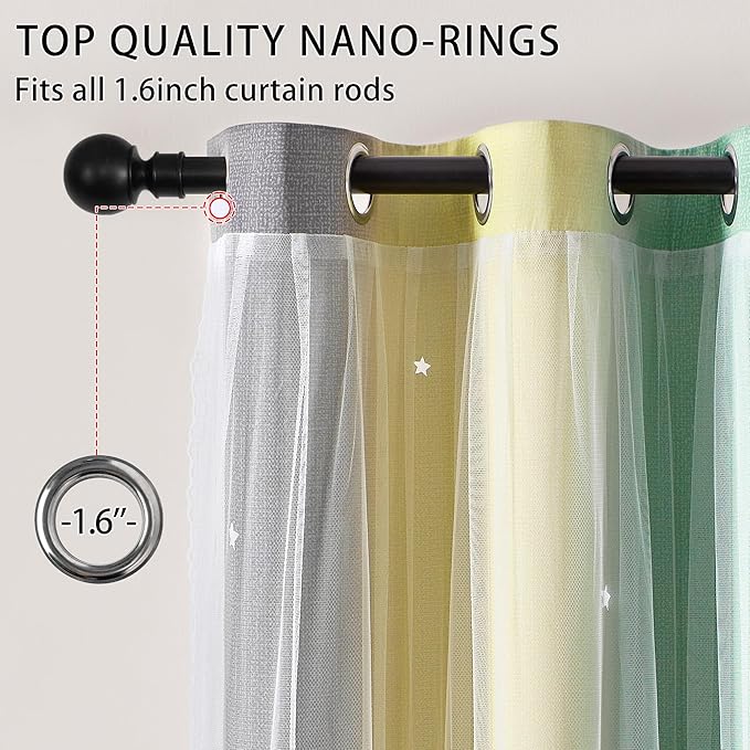 XiDi Girls Curtains for Bedroom 63 Inches Long 2 Panels Grey Green Yellow Rainbow Blackout Curtains for Little Girl Kids Room Decor Living Room, Princess Unicorn Wall Decals Drapes 52x63