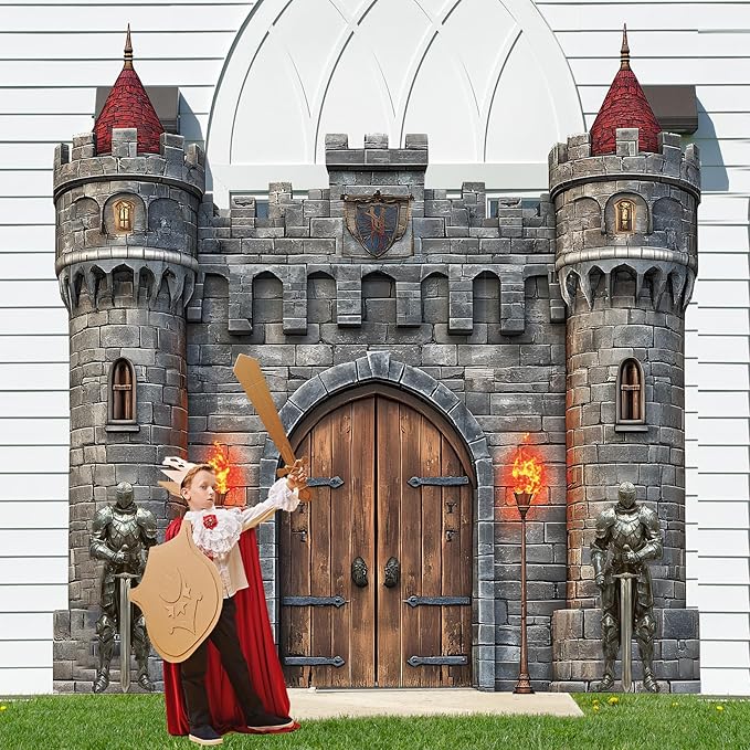 4 PCS Medieval Entryway Party Decorations Castle Door Covers Hanging Banner Porch Sign Medieval Castle Photo Props Background Torch Knight Porch Banner for Birthday Halloween Party Door Decor Supplies