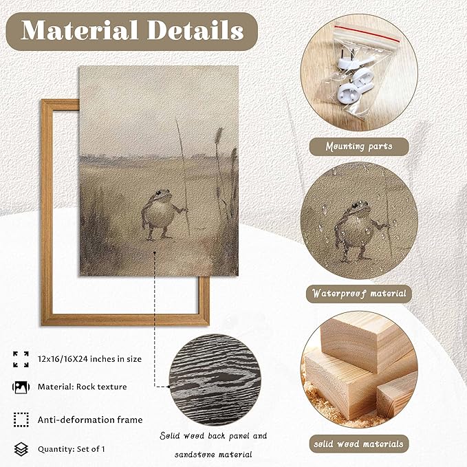 3D Textured Framed Whimsical Frog Wall Art, Vintage Rustic Cottagecore Canvas Wall Decor Picture, Weird Funny Frog Animal Sandstone Painting for Bedroom Living Room 12x16 Inch