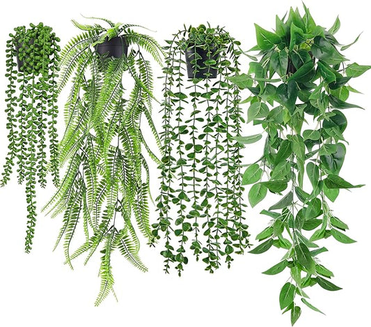 Der Rose 4Pcs Fake Plants Hanging Artificial Ivy Vine Faux Eucalyptus Hanging Plants, Boston Fern, String of Pearls for Living Room Aesthetic Bedroom Boho Kitche Wall Shelf Indoor Outdoor Decor