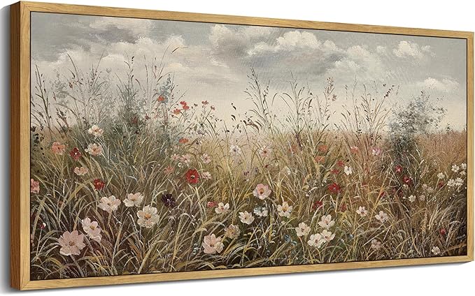 SHENIFY Vintage Landscape Framed Wall Art Meadow with Flowers Farmhouse Decor Retro Wildflower Field Scenery Painting for Kitchen Bedroom Living Room Bathroom - 8x16in Natural Framed