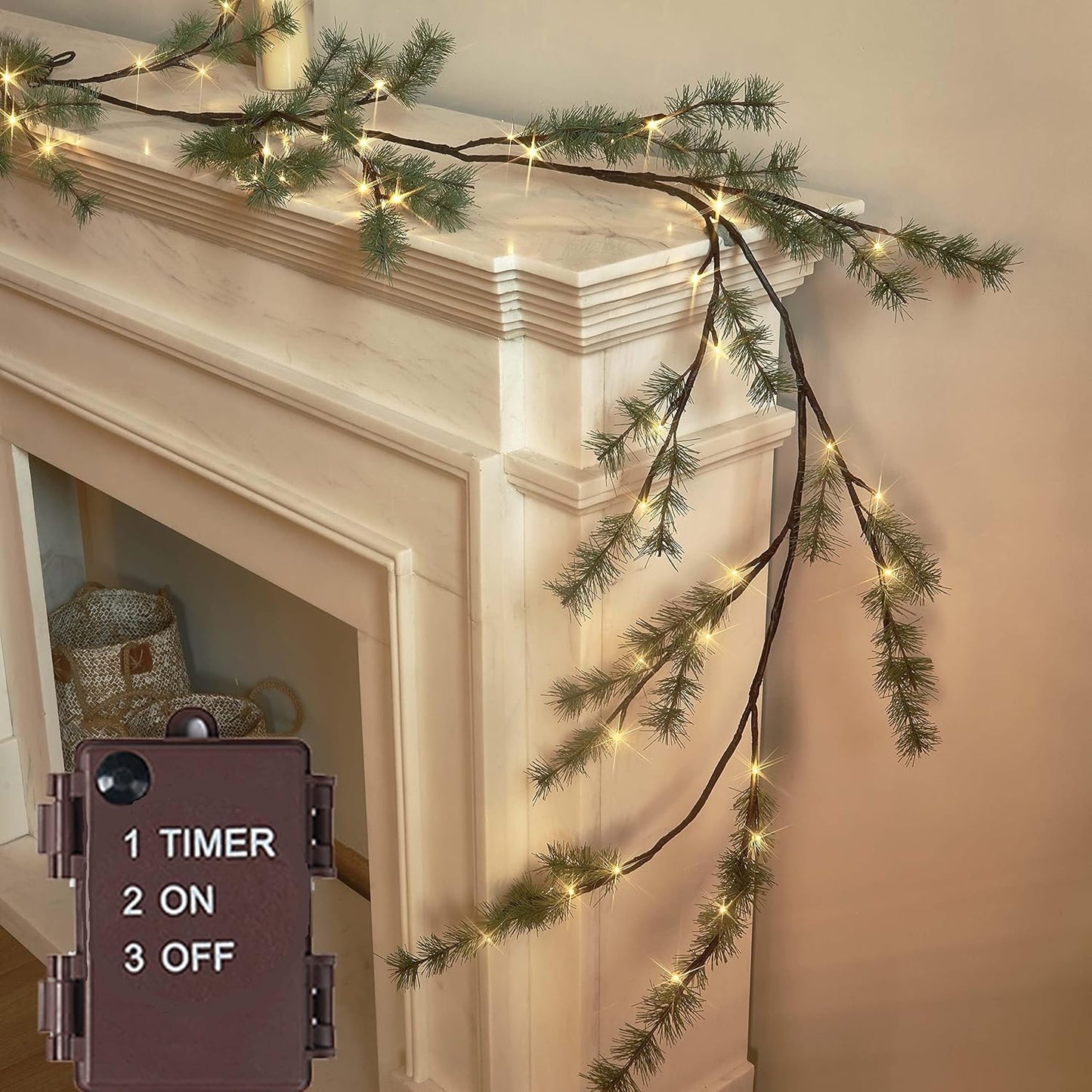 Birchlitland Lighted Pine Garland Battery Operated with Timer 6FT 48 LED Fairy Lights, Christmas Garland with Lights Wall Patio Wedding and Holiday Decor