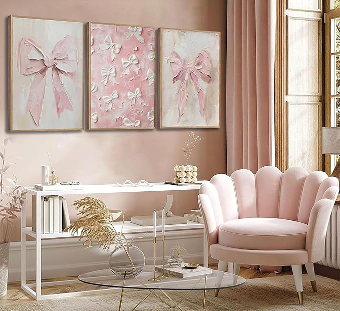 3Pcs Trendy Pink Bow Canvas Wall Art Vintage Cute Preppy Watercolor Bows Painting Pictures Wall Decor Posters Prints Girly Aesthetic for College Apartment Bedroom Decoration Unframed