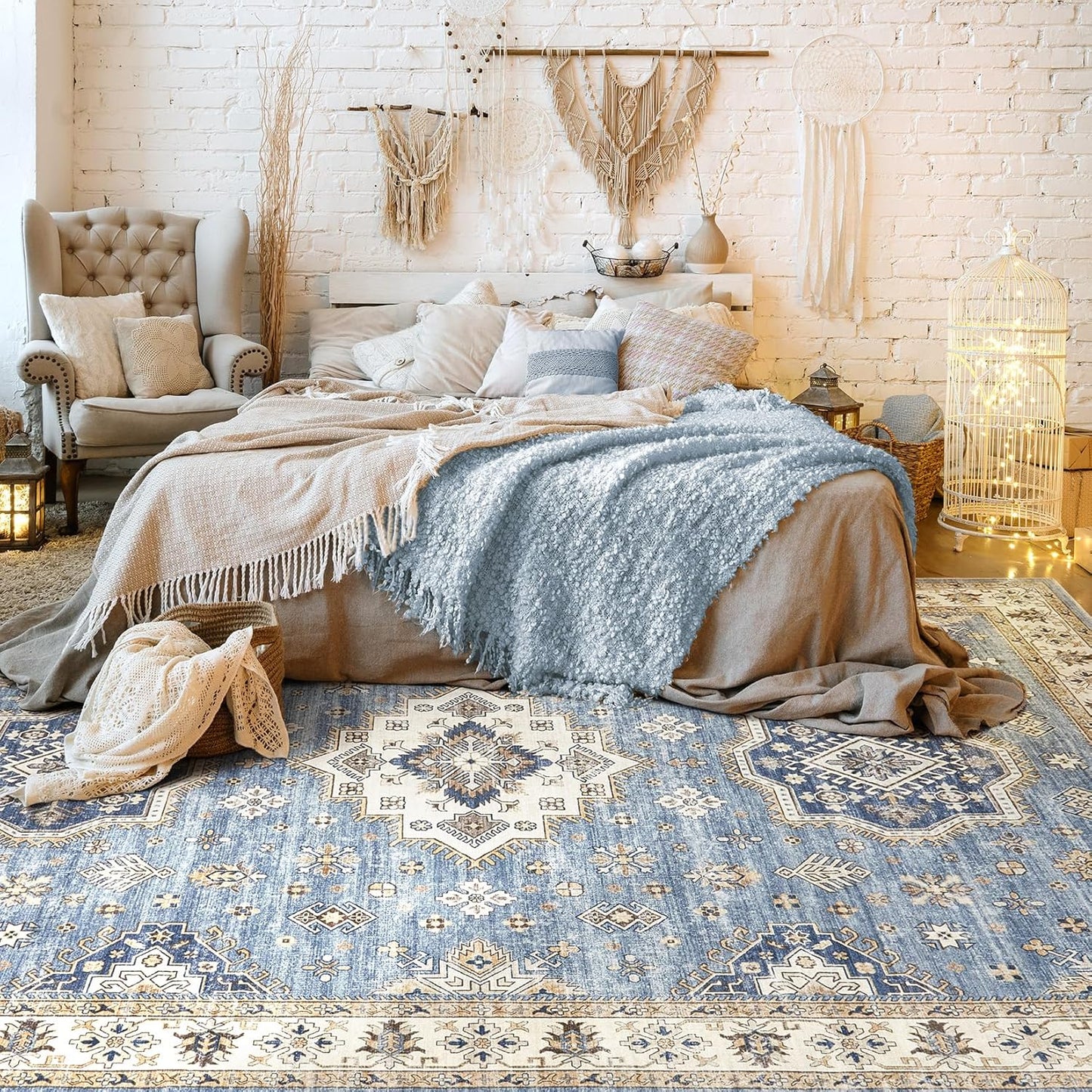 Washable Area Rugs for Living Room -8x10 Neutral Vintage Distressed Floral Farmhouse Boho Large Soft Floor Rug Indoor Non Slip Carpet for Living Room Bedroom Dining Room Office - Blue
