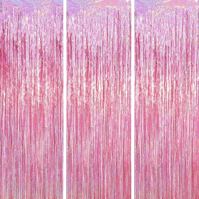 3.3 x 6.6 ft Foil Fringe Backdrop Curtains, Tinsel Streamers Party Decorations, Fringe Backdrop for Birthday, Baby Shower, Gender Reveal, Graduation (3, Pink)