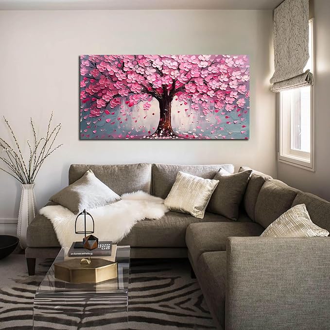 Pink Wall Art Large Tree of Life Wall Art for Living Room Bedroom Office Bathroom Modern Framed Canvas Prints Pink and Grey Picture Size 24x48