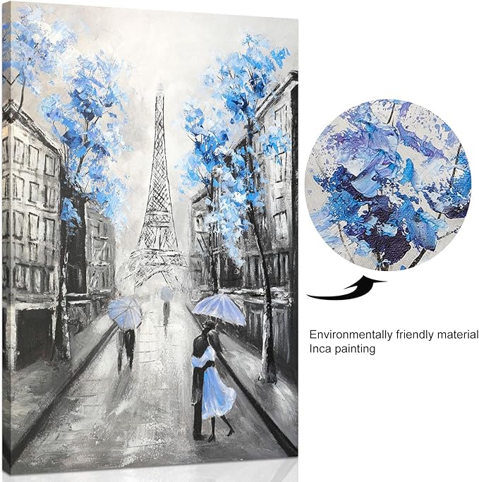 YPY Abstract Paris Canvas Wall Art: Black White Eiffel Tower Picture for Living Room Decor, Blue Grey Hand Painted Textured Oil Painting Modern Artwork Home Decoration 16 x 24
