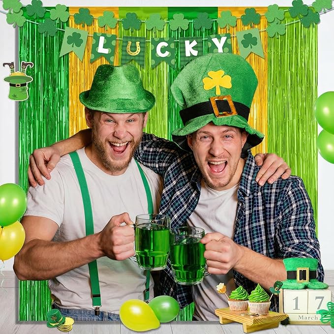 2 Pack St Patrick Party Decorations, Green Party Backdrop Green Gold Light Green Backdrop Curtains, Metallic St.Patrick Fringe Curtains Party Streamer Tinsel Backdrop, St Patrick Party Supplies