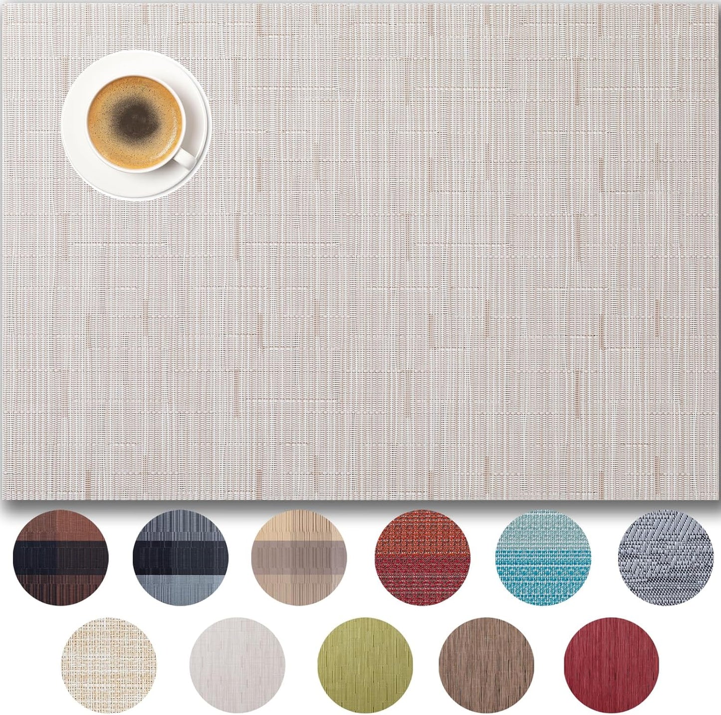 Placemats Set of 6 - Easy Clean Woven Vinyl Placemats for Dining Table, Indoor/Outdoor Place Mats, Washable PVC Table Mats （Pale Beige）
