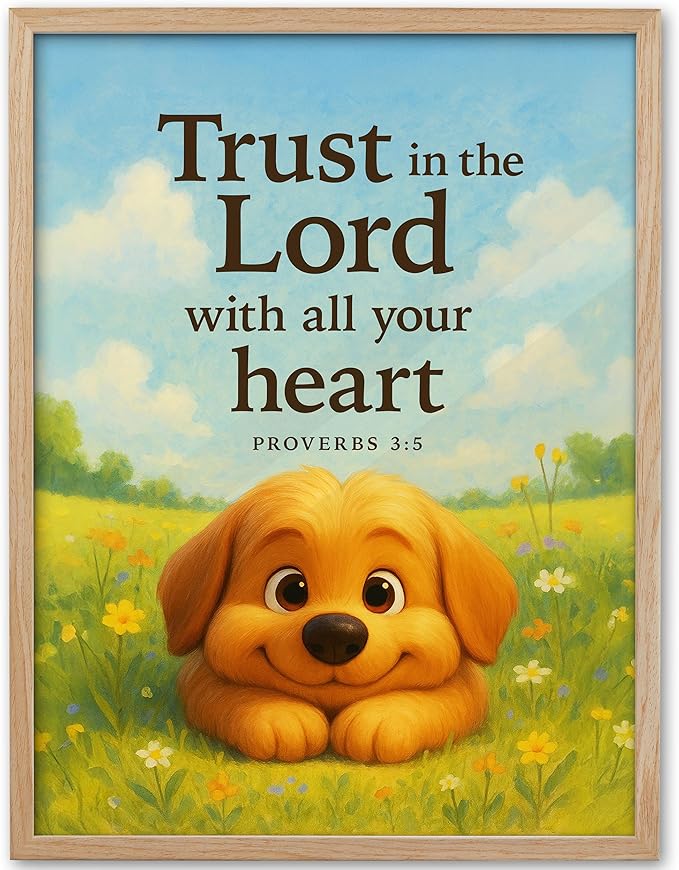 KensTro Natural OAK Wood Nursery Decor Framed Wall Art, 12x16 in Inspirational Christian Bible Verse Wall Art,Trust In the Lord with All Your Heart Proverbs 3:5 for Boys Girls Bedroom Decor Set of 1
