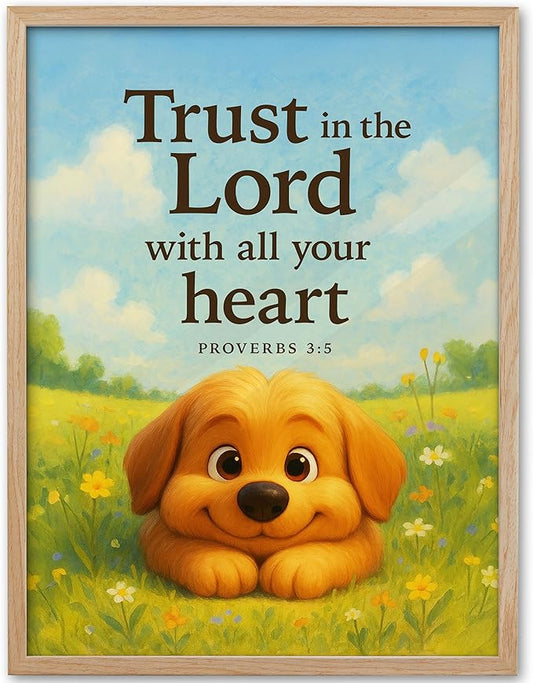 KensTro Natural OAK Wood Nursery Decor Framed Wall Art, 12x16 in Inspirational Christian Bible Verse Wall Art,Trust In the Lord with All Your Heart Proverbs 3:5 for Boys Girls Bedroom Decor Set of 1