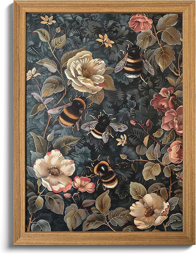 Framed 3D Textured Vintage Wall Art - Dark Academia Bumble Bee Hand Drawn Sandstone Paintings with Botanical Florals, Aesthetic Wall Decor for Living Room Bedroom Home 8x10 inch