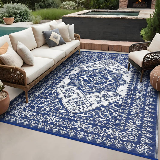GAOMON Patio Rugs Outdoor 8x10 Waterproof Reversible Plastic Straw Rug, Large UV-Resistant Portable RV Camping Mats, Indoor Outdoor Medallion Carpet for Deck Porch Garden, Dark Blue & White