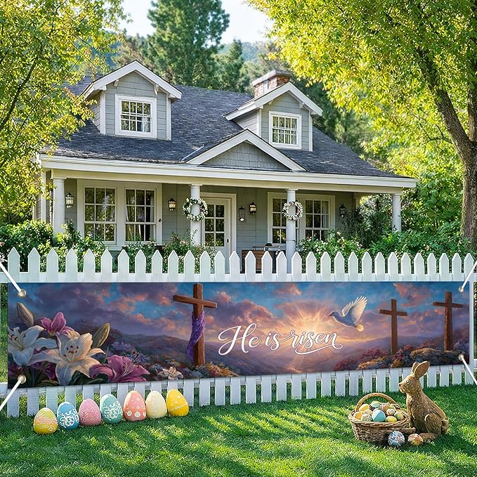 He Is Risen Easter Banner Resurrection Cross Sunrise Spring Christian Decor 118×20 inch Religious Faith Banner for Church Yard Fence Door Wall Indoor Outdoor Display