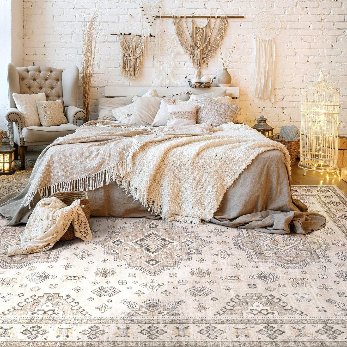 Washable Area Rugs for Living Room -10x14 Neutral Vintage Distressed Floral Farmhouse Boho Large Soft Floor Rug Indoor Non Slip Carpet for Living Room Bedroom Dining Room Office-Beige Brown