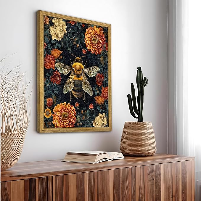 Framed Hand Drawn Sandstone Bee Wall Art, 3D Textured Nature Botanical Wall Decor Pictures, Dark College Vintage Flowers Print Painting for Living Room Bedroom Kitchen Home Decor 12x16inch