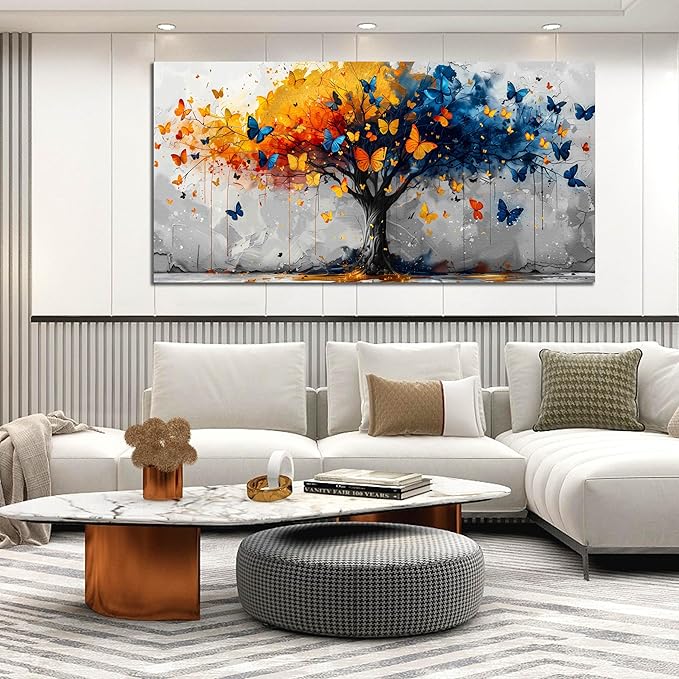 ANCXWOTER Large Tree of Life Wall Art for Living Room Bedroom Office Bathroom Butterfly Artwork Modern Canvas Prints Grey Blue and Yellow Picture Size 30x60