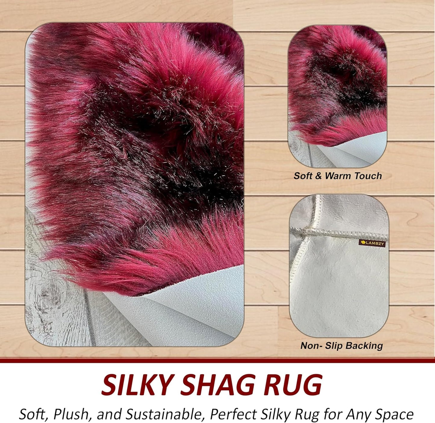 LAMBZY Faux Sheepskin Super Soft Hypoallergenic Free Shape Silky Shag Rug, Luxury Shaggy Plush Carpet for Bedrooms Living Kids Room Sofa Rugs (Burgundy, Double 2'x6')
