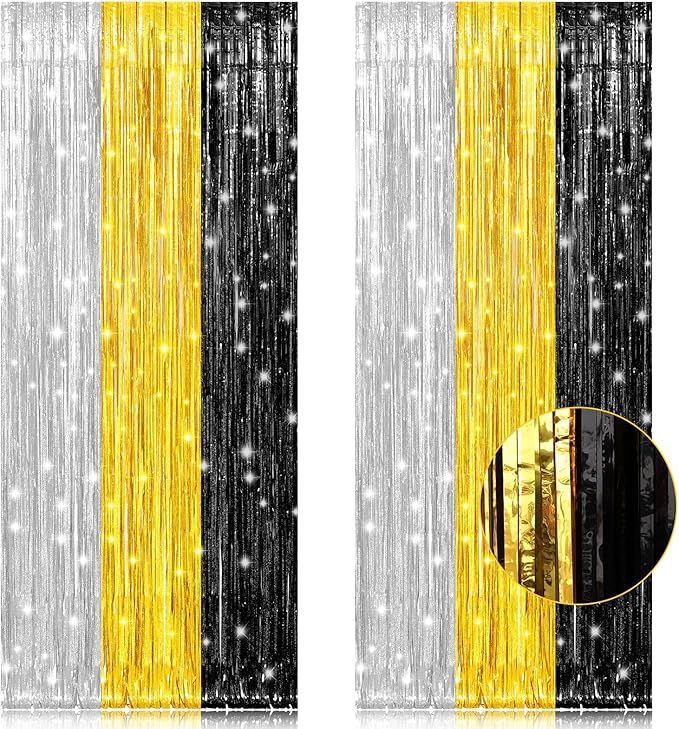 2 Pack 3.2x8.2 Feet Silver Black and Gold Tinsel Foil Fringe Curtains Streamers Backdrop for Bridal Baby Shower Wedding Engagement Birthday Graduation Bachelorette Holiday Party Decorations
