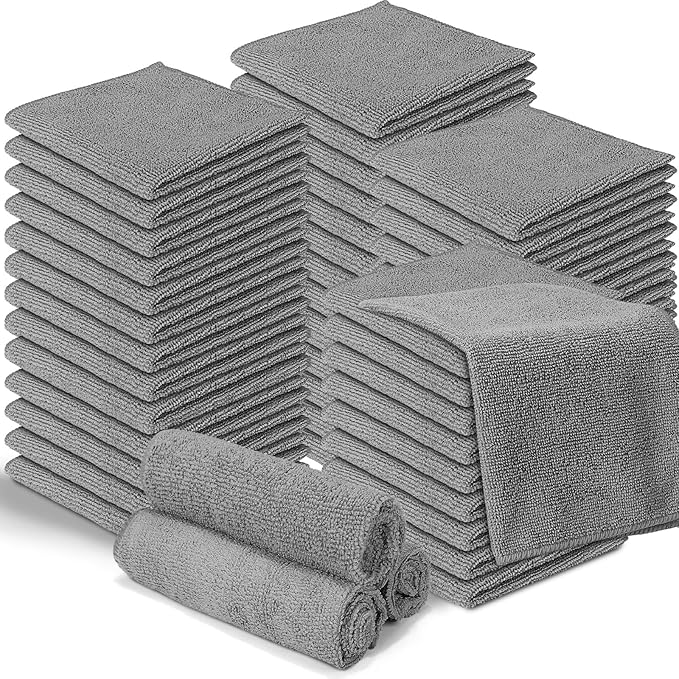 Macarrie 200 Pieces Microfiber Cleaning Cloths Bulk Absorbent Microfiber Towels Reusable Lint-Free Streak Free Wash Rags for House Kitchen Office Restaurants Bar Shop Car, 12 x 12 Inches (Gray)
