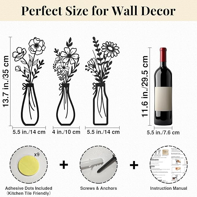 3-Piece Black Modern Metal Flower Wall Decor – Minimalist Vases & Floral Art, Rustic Farmhouse Wall Hanging for Small Space, Bathoom,Kitchen, Bedroom, Hallway, Entryway – Wall Accent Housewarming Gift
