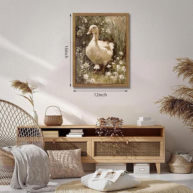 Framed Goose Wall Art, Rustic Vintage Floral Animal Oil Painting, Retro Farmhouse Country Pictures Artwork, Cottagecore Canvas Prints Wall Decor for Living Room Bedroom Farm – 12x16 inch