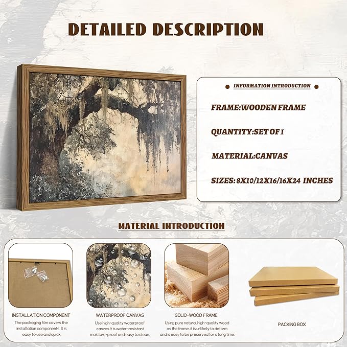 Framed Cottagecore Canvas Wall Art, Vintage Live Oak Tree Pictures Print, Charleston Spanish Moss Oil Paintings, Farmhouse Savannah Southern Wall Decor for Entryway Living Room – 12x16 inch