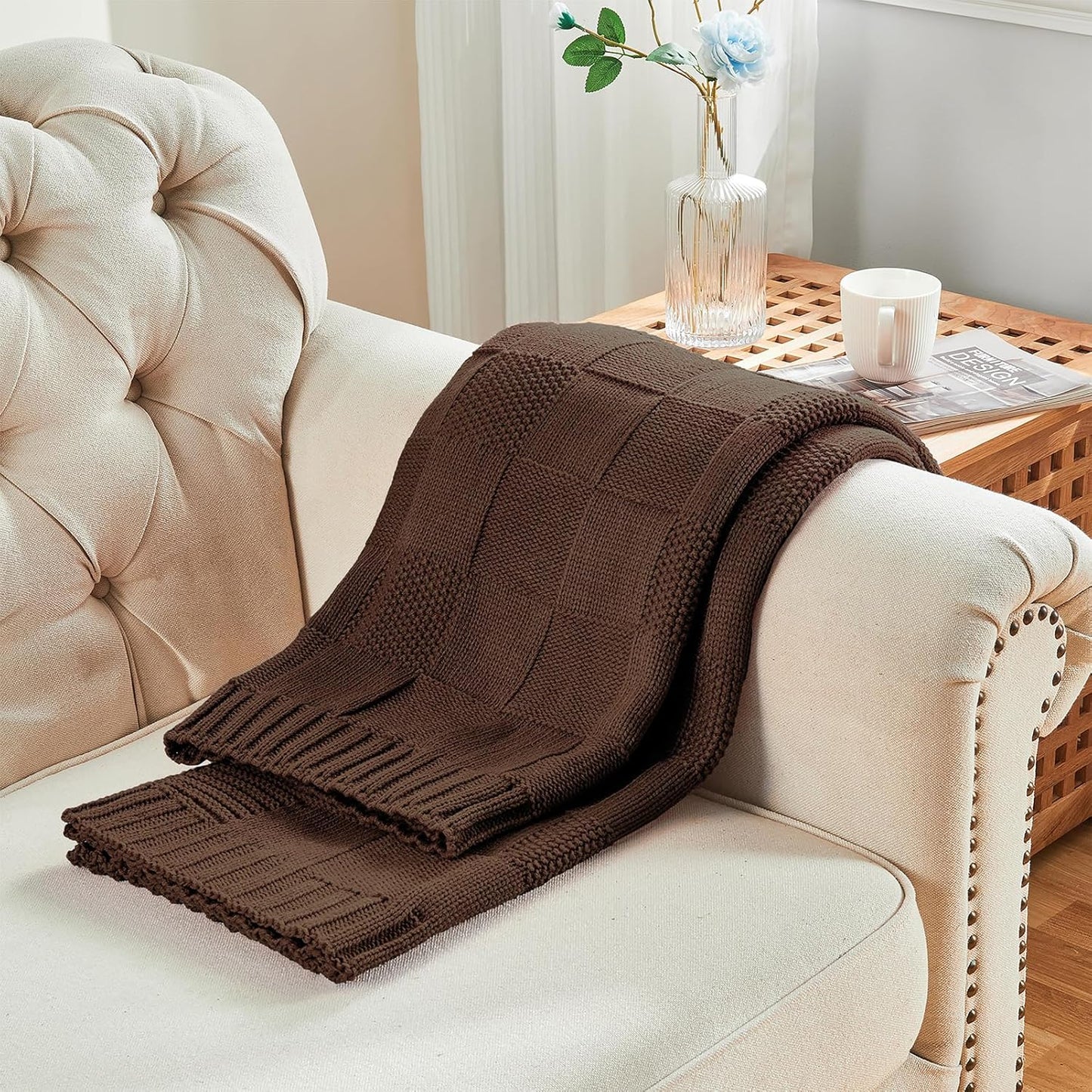 CozeCube Check Knit Throw Blanket, Dark Brown Checkered Throw for Couch, Decorative Christmas Soft Cozy Warm Knitted Blanket for Bed Sofa Living Room, 60"X80"