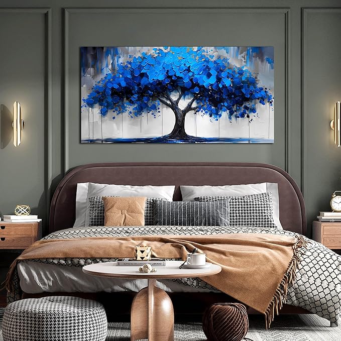 Blue Wall Art Large Tree of Life Wall Art for Living Room Bedroom Office Bathroom Modern Framed Canvas Prints Blue and Grey Picture Size 24x48